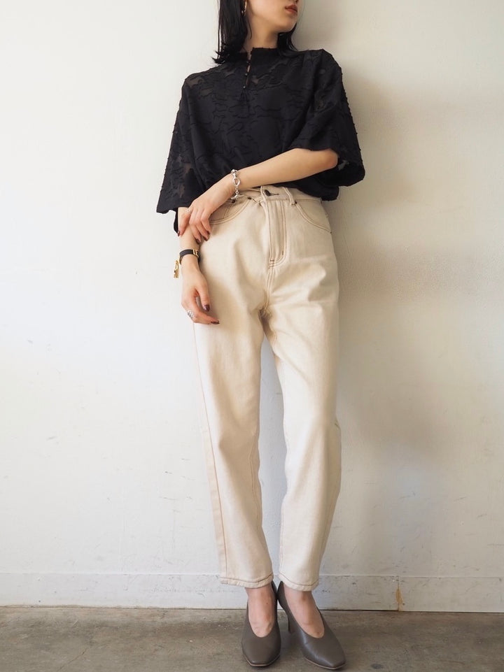 【預訂】透明提花半袖上衣/黑色