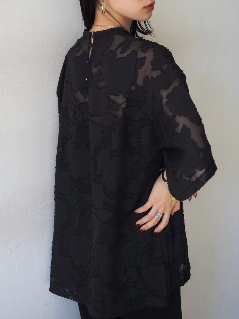 【預訂】透明提花半袖上衣/黑色