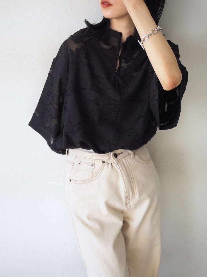 【預訂】透明提花半袖上衣/黑色