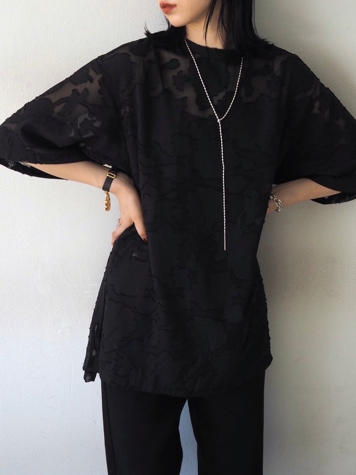 【預訂】透明提花半袖上衣/黑色