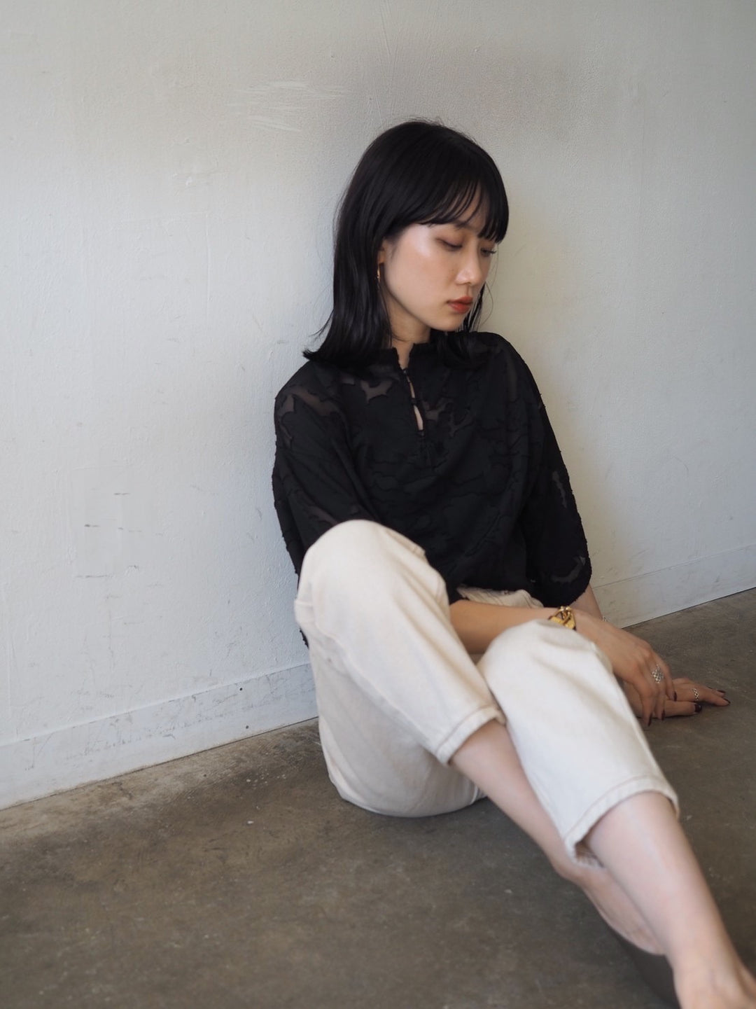 【預訂】透明提花半袖上衣/黑色