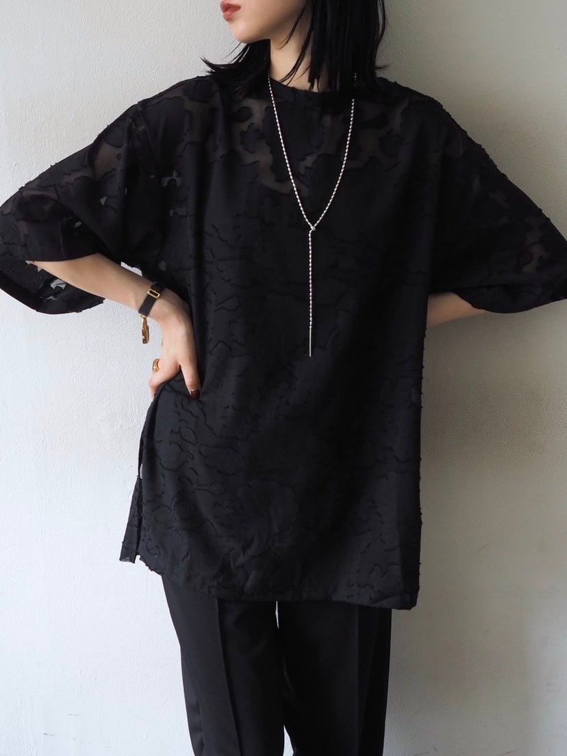 【預訂】透明提花半袖上衣/黑色