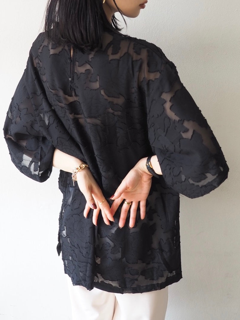 【預訂】透明提花半袖上衣/黑色