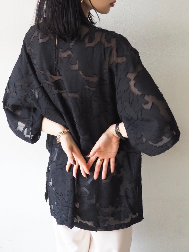 【預訂】透明提花半袖上衣/黑色