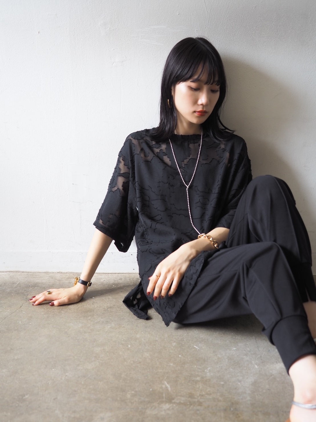 【預訂】透明提花半袖上衣/黑色