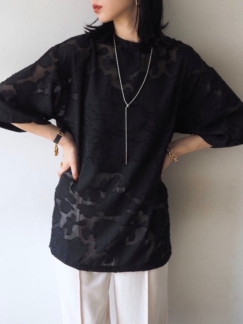 【預訂】透明提花半袖上衣/黑色