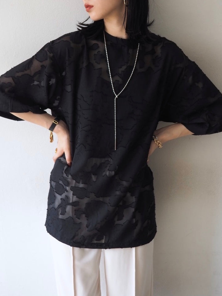 【預訂】透明提花半袖上衣/黑色