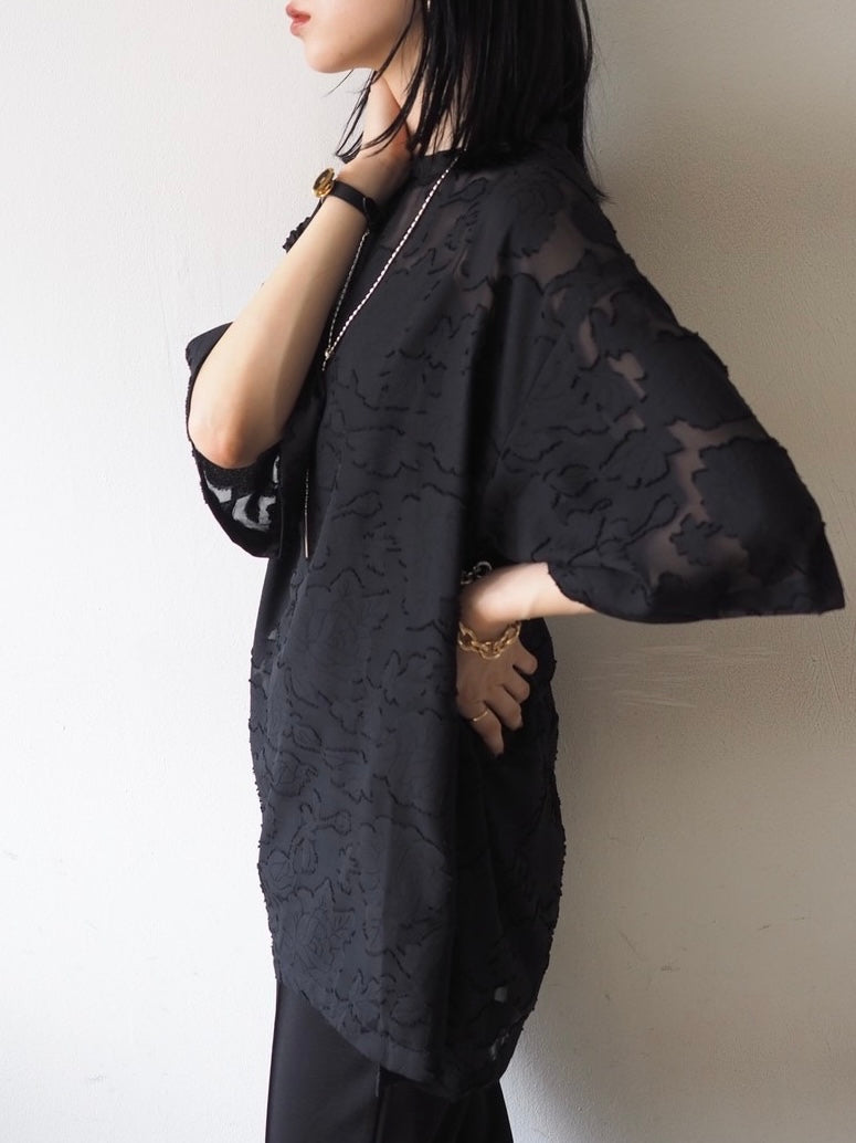 【預訂】透明提花半袖上衣/黑色