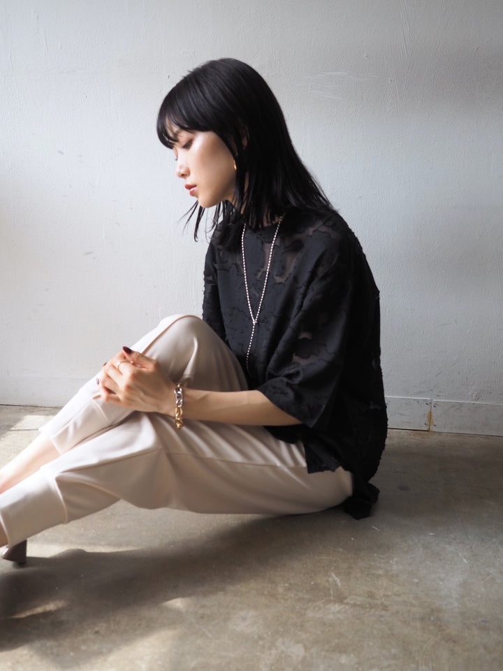 【預訂】透明提花半袖上衣/黑色