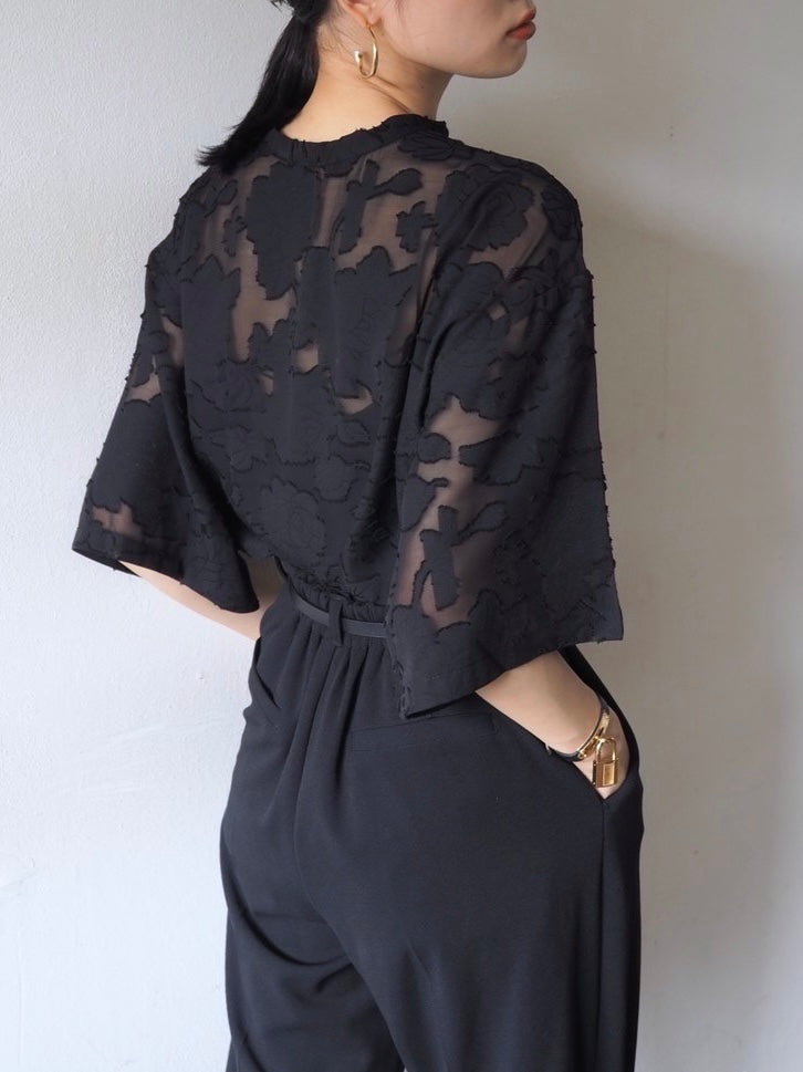 【預訂】透明提花半袖上衣/黑色