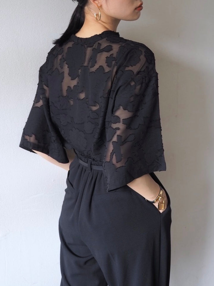【預訂】透明提花半袖上衣/黑色