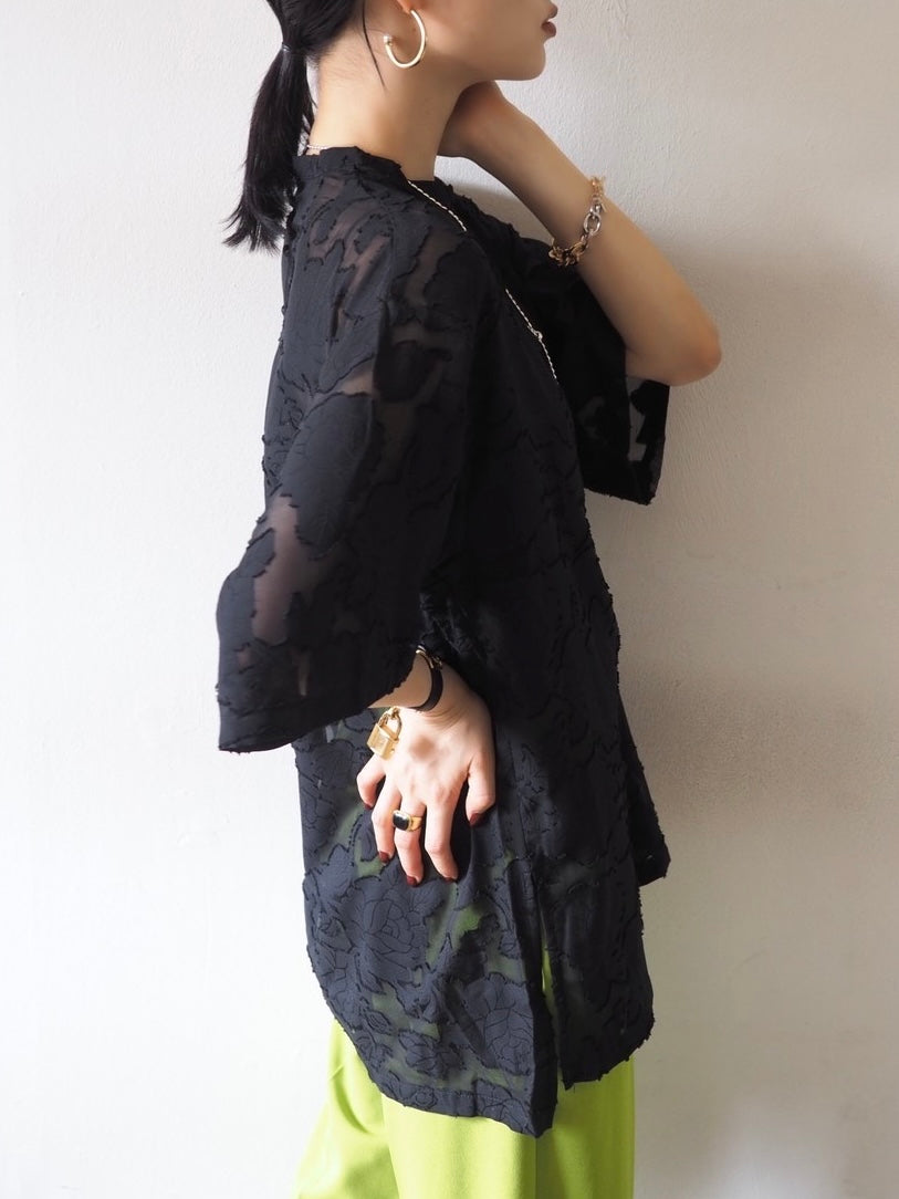 【預訂】透明提花半袖上衣/黑色