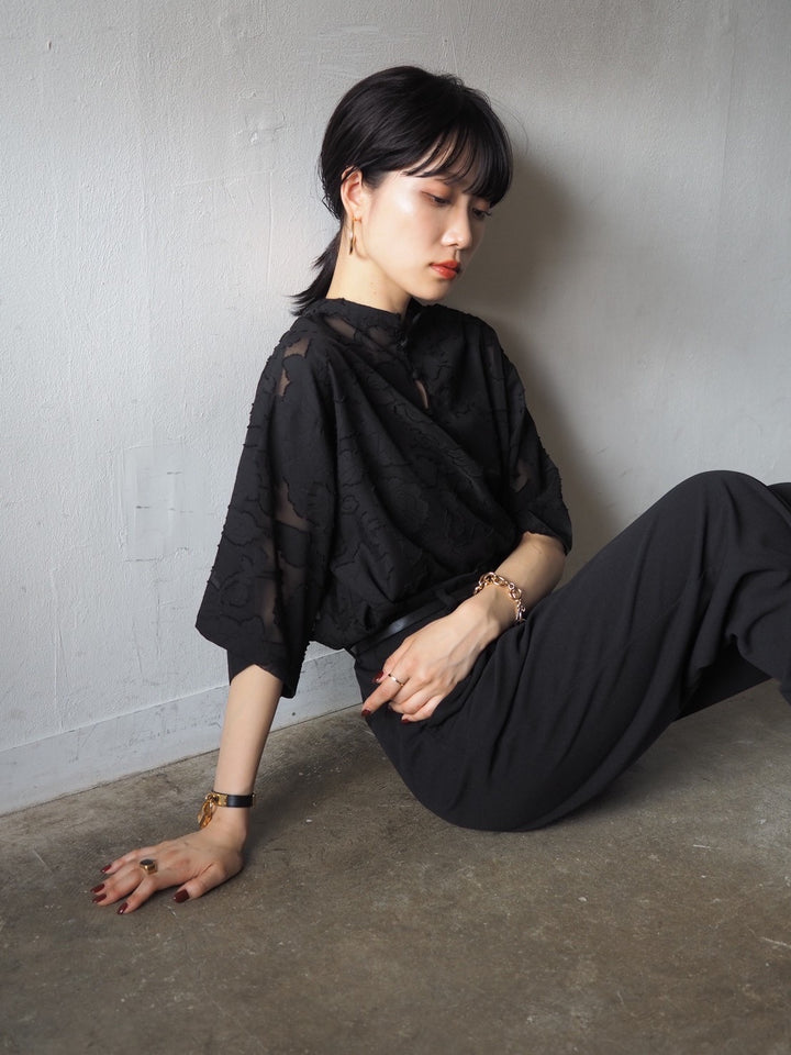 【預訂】透明提花半袖上衣/黑色