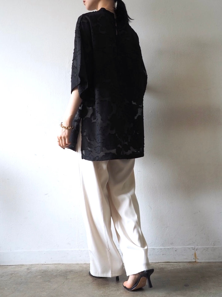 【預訂】透明提花半袖上衣/黑色