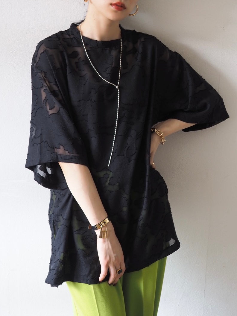 【預訂】透明提花半袖上衣/黑色