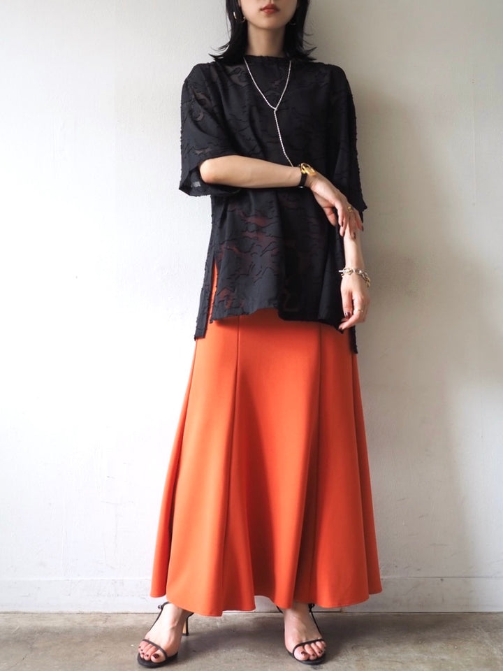 【預訂】透明提花半袖上衣/黑色