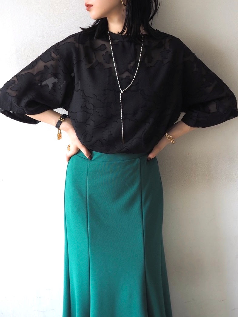 【預訂】透明提花半袖上衣/黑色