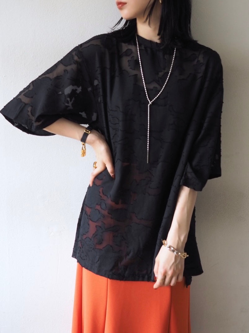 【預訂】透明提花半袖上衣/黑色
