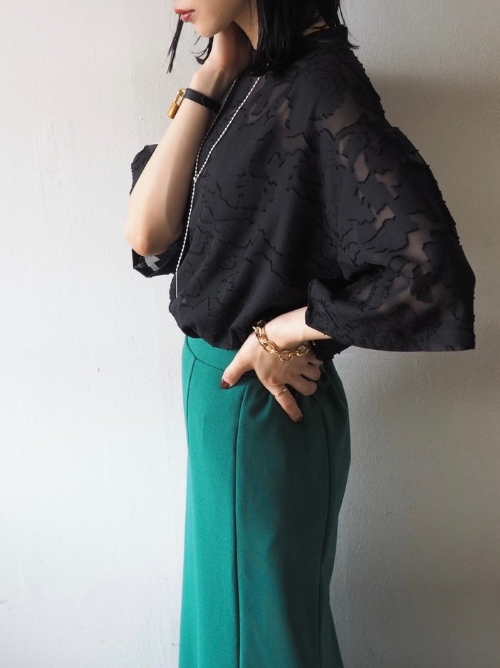 【預訂】透明提花半袖上衣/黑色