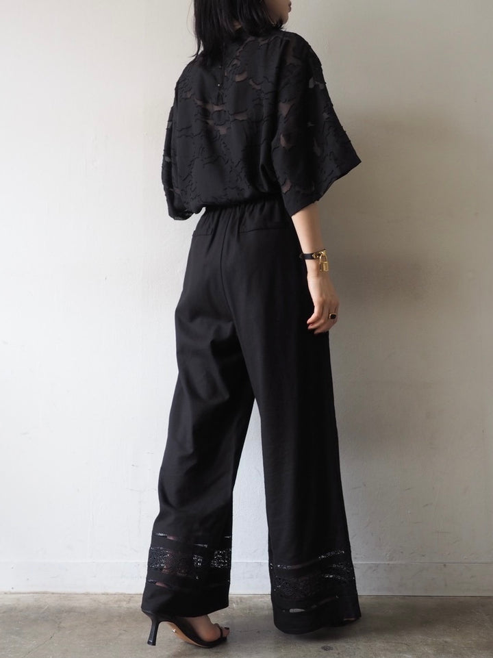 【預訂】透明提花半袖上衣/黑色