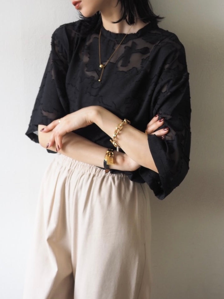 【預訂】透明提花半袖上衣/黑色