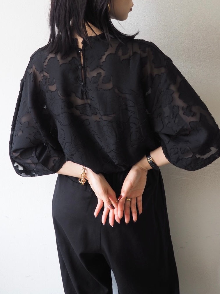 【預訂】透明提花半袖上衣/黑色
