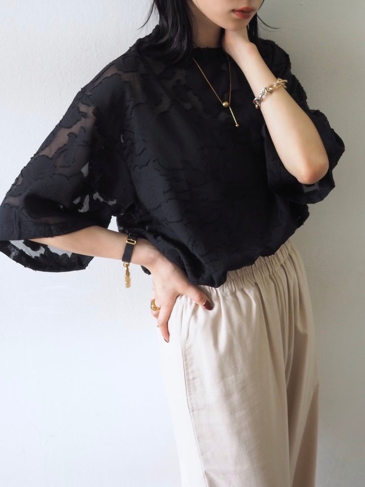 【預訂】透明提花半袖上衣/黑色