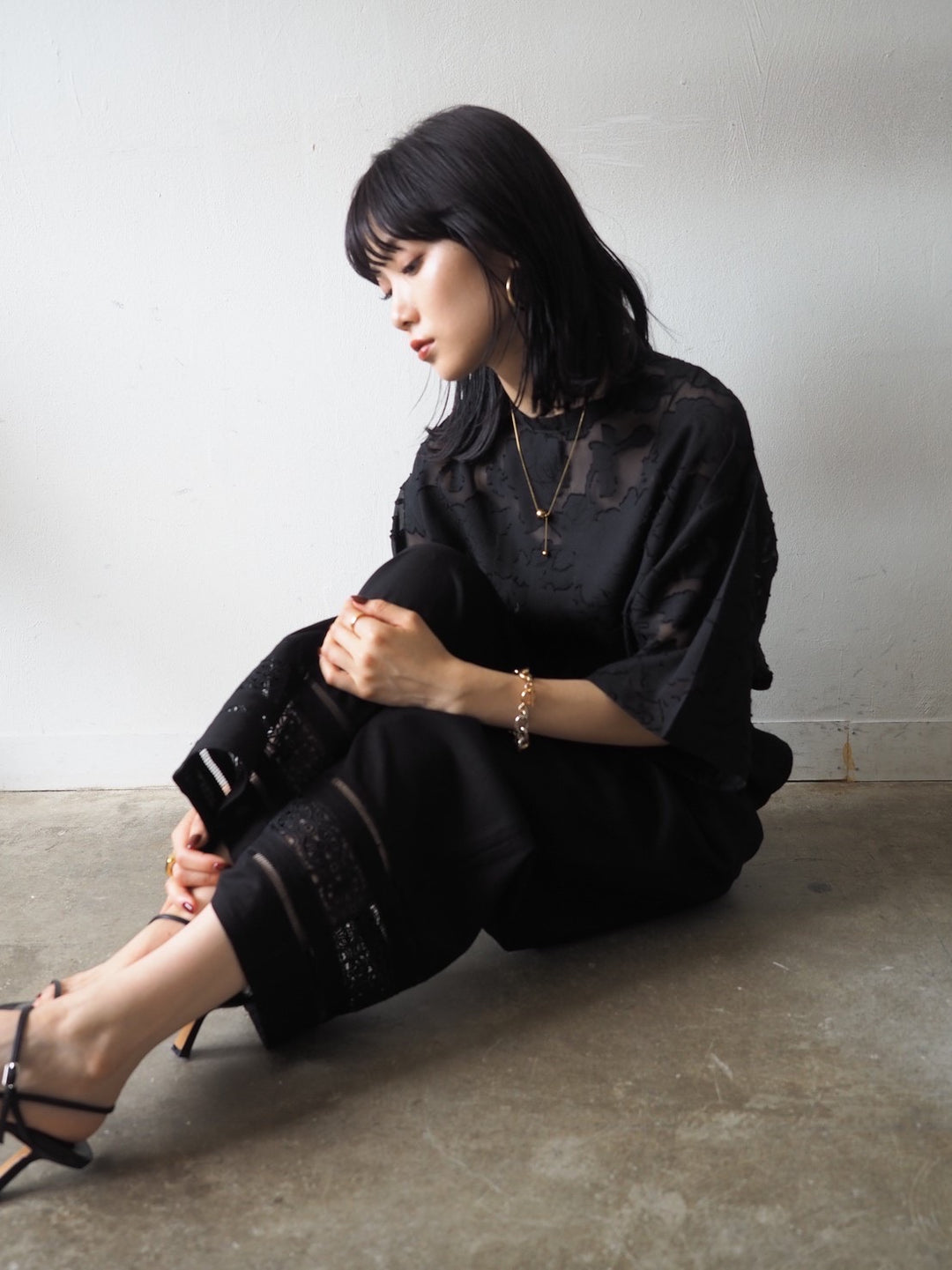 【預訂】透明提花半袖上衣/黑色