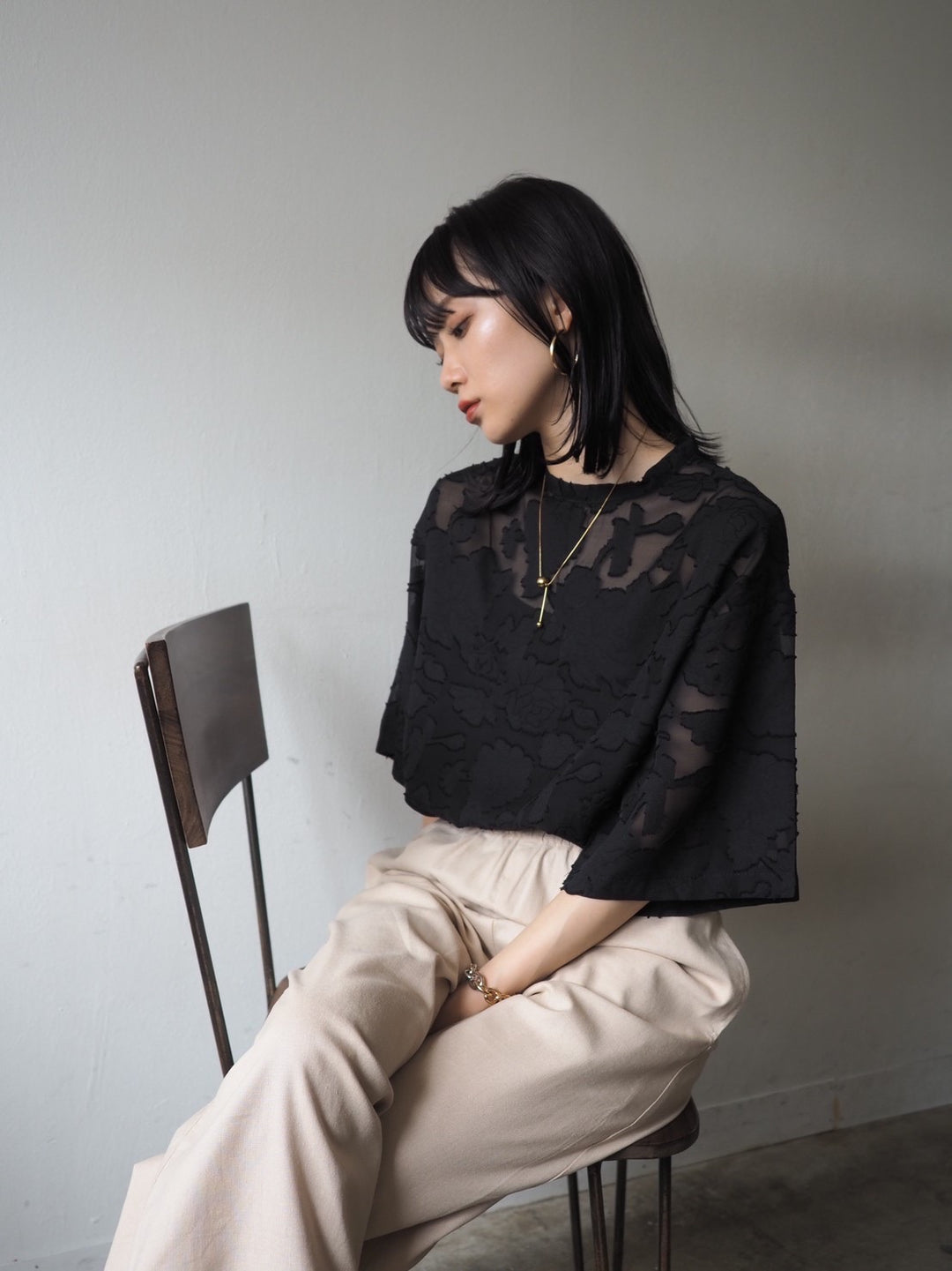【預訂】透明提花半袖上衣/黑色