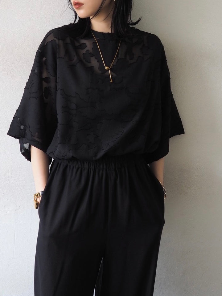 【預訂】透明提花半袖上衣/黑色