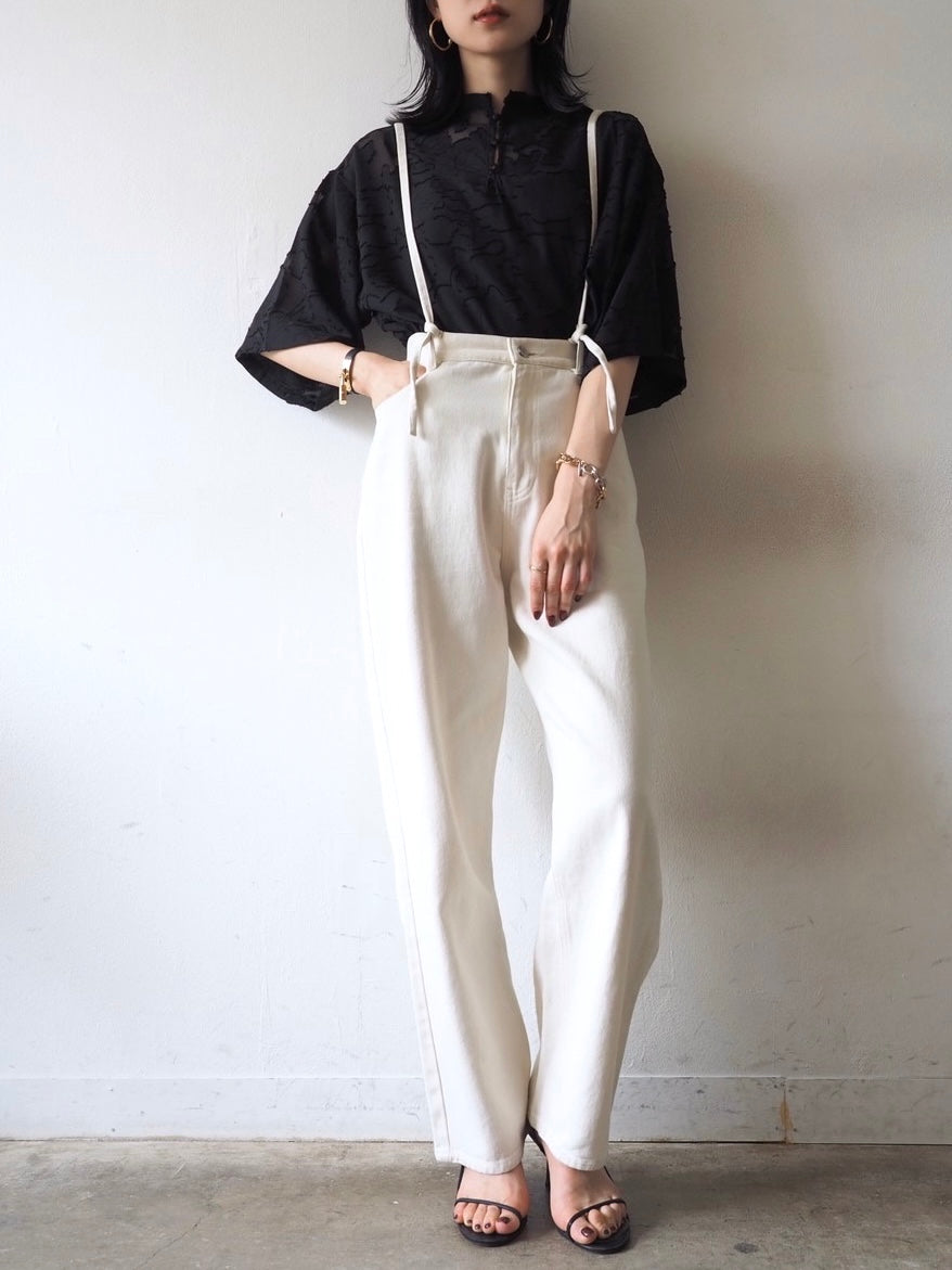 【預訂】透明提花半袖上衣/黑色