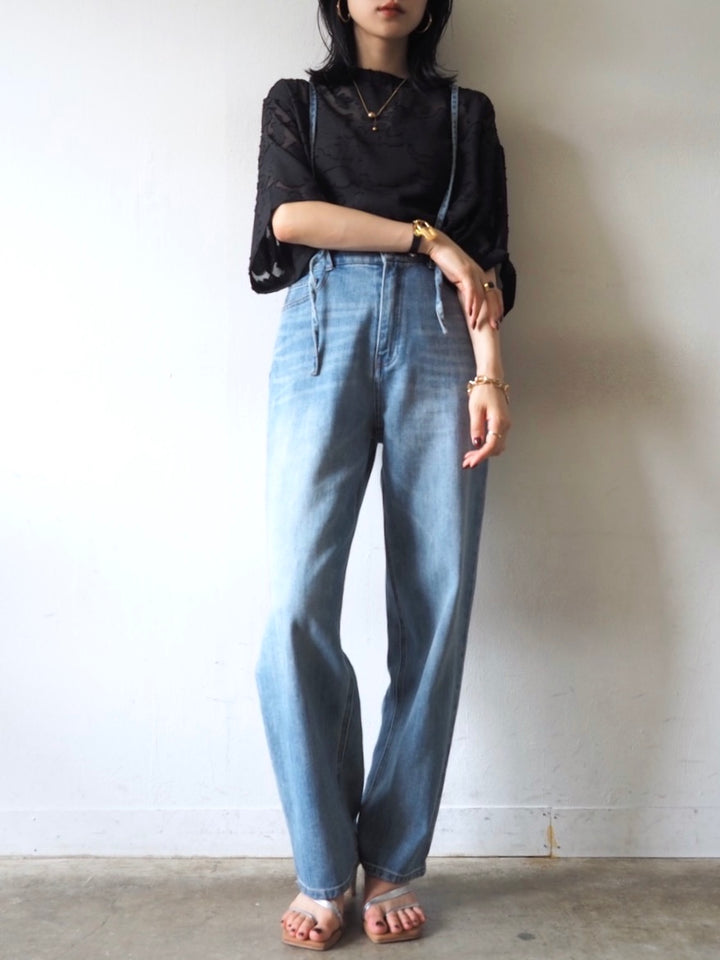 【預訂】透明提花半袖上衣/黑色