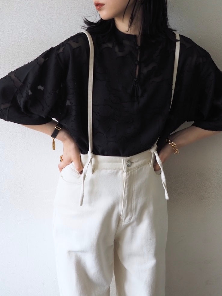 【預訂】透明提花半袖上衣/黑色