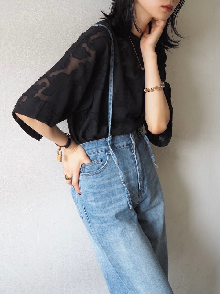 【預訂】透明提花半袖上衣/黑色