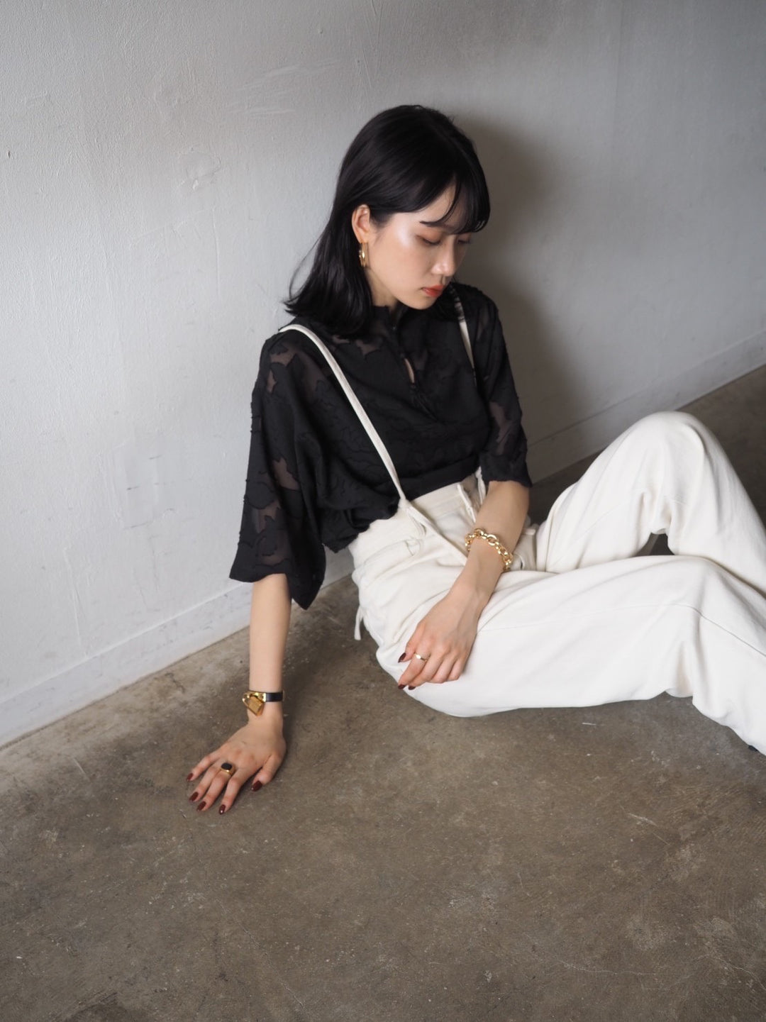 【預訂】透明提花半袖上衣/黑色