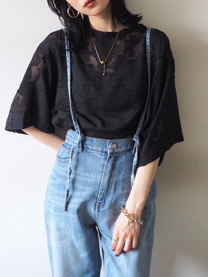 【預訂】透明提花半袖上衣/黑色
