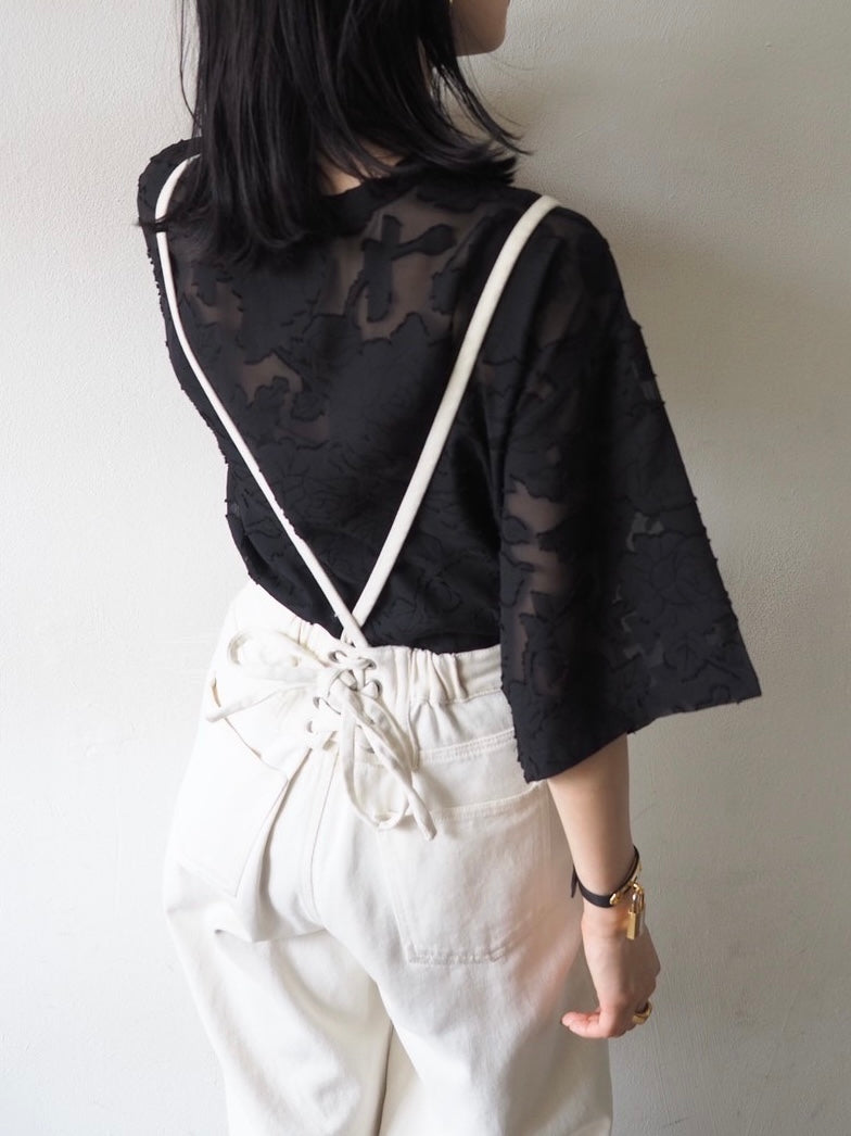 【預訂】透明提花半袖上衣/黑色