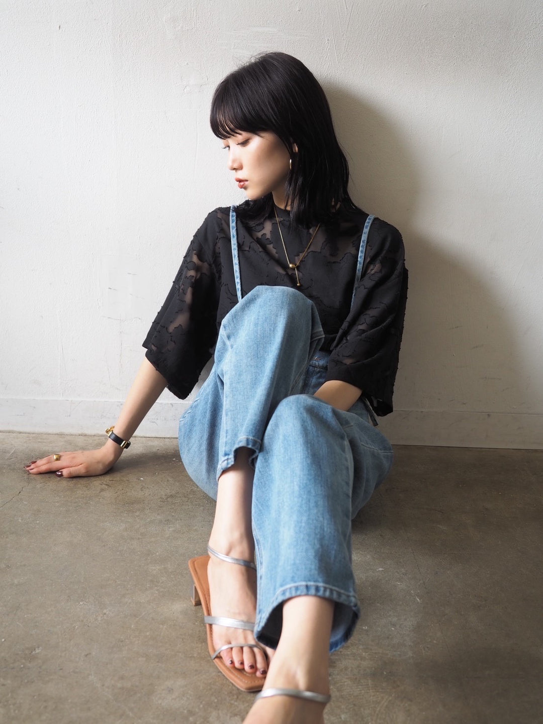 【預訂】透明提花半袖上衣/黑色