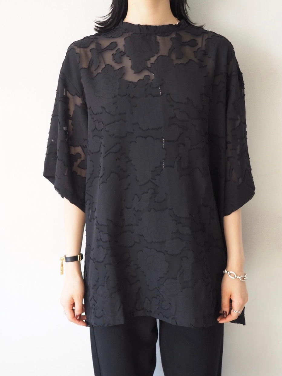 【預訂】透明提花半袖上衣/黑色