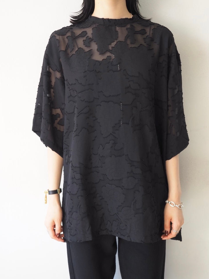 【預訂】透明提花半袖上衣/黑色