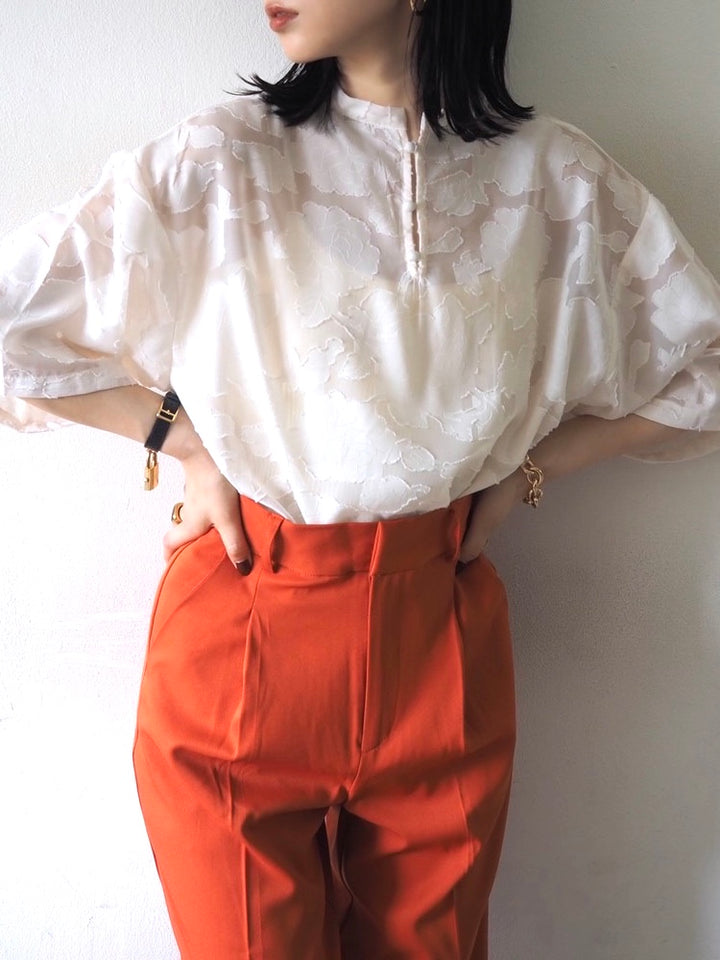 【預訂】透明提花半袖上衣/象牙色