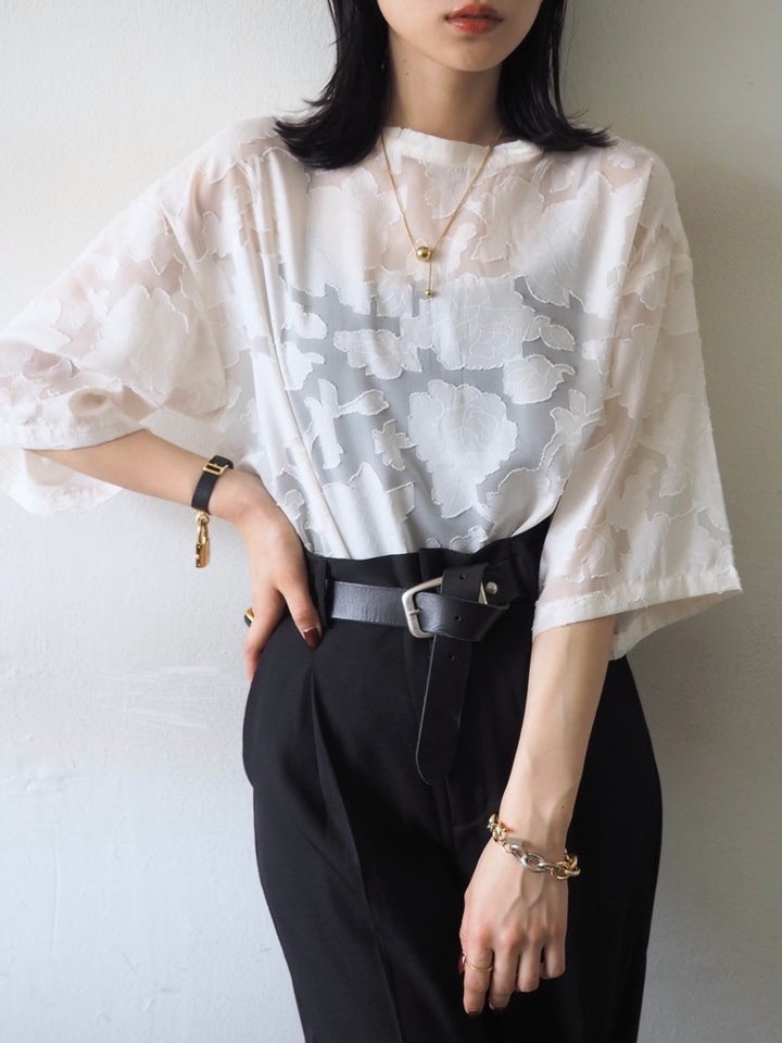 【預訂】透明提花半袖上衣/象牙色