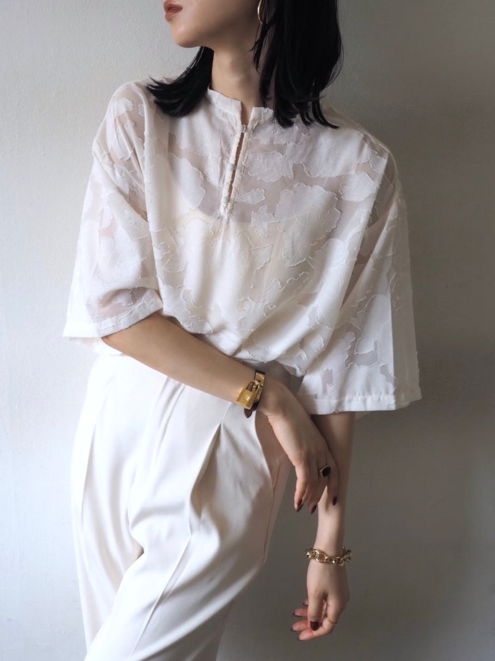 【預訂】透明提花半袖上衣/象牙色