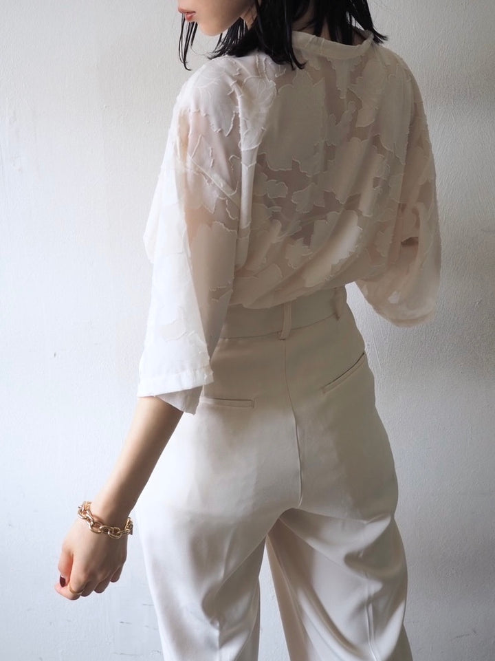 【預訂】透明提花半袖上衣/象牙色