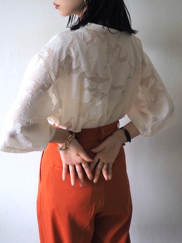 【預訂】透明提花半袖上衣/象牙色