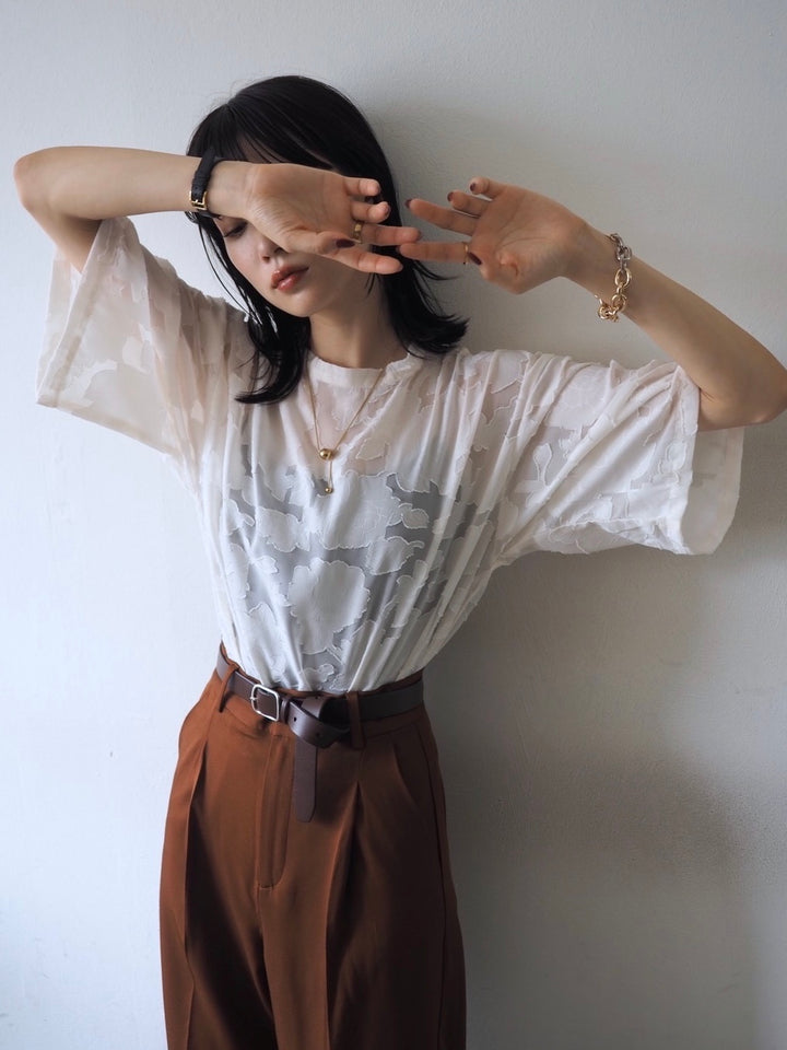 【預訂】透明提花半袖上衣/象牙色