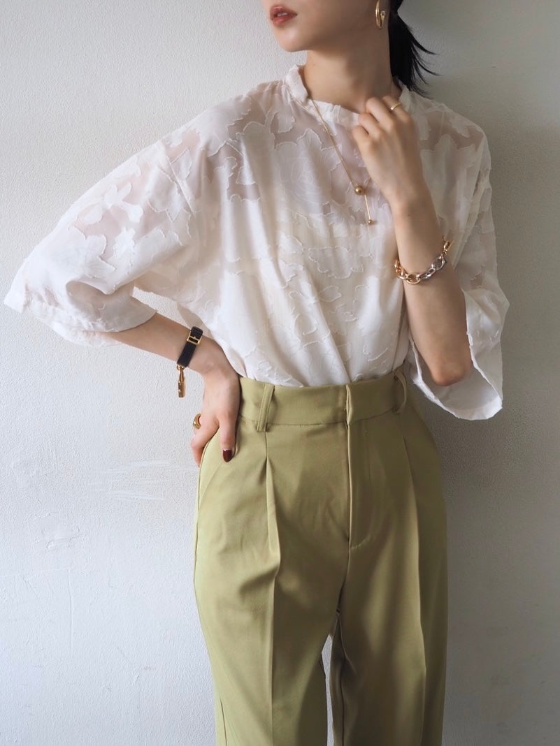 【預訂】透明提花半袖上衣/象牙色