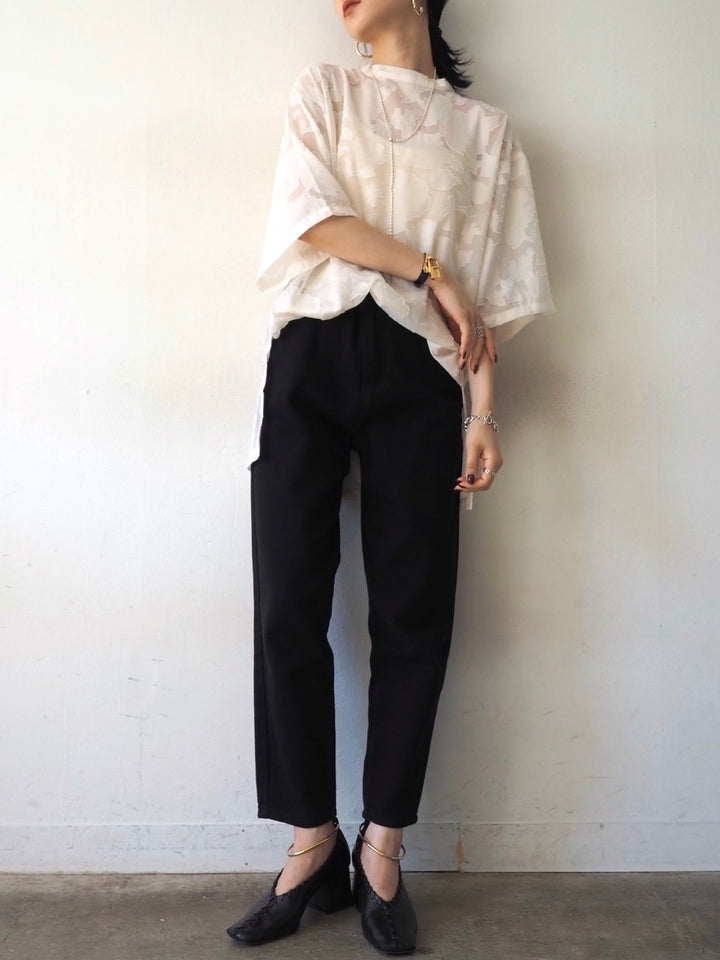 【預訂】透明提花半袖上衣/象牙色