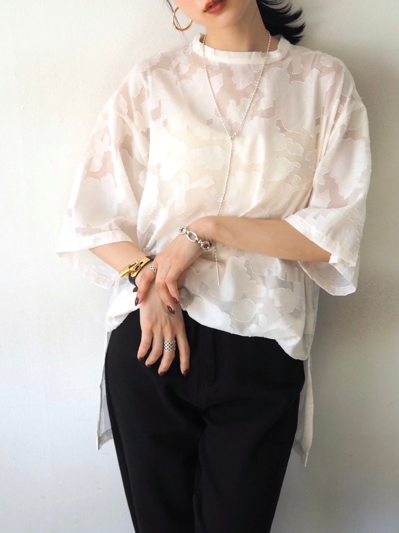 【預訂】透明提花半袖上衣/象牙色