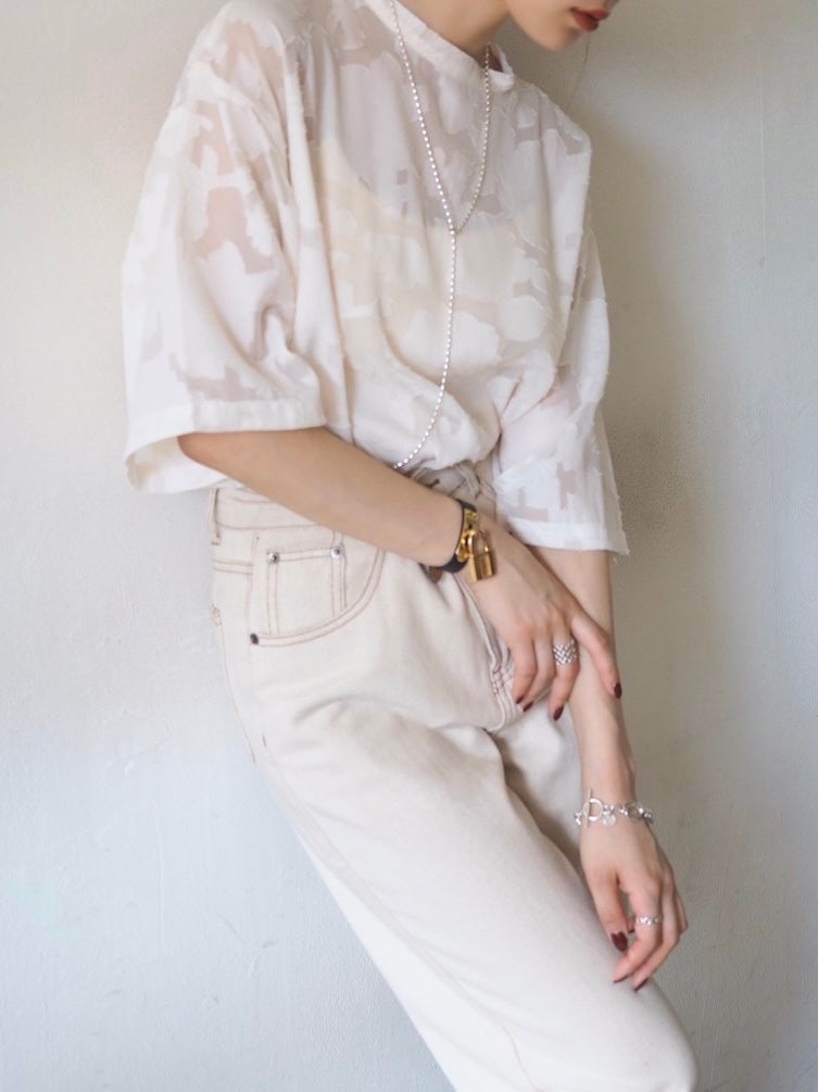 【預訂】透明提花半袖上衣/象牙色